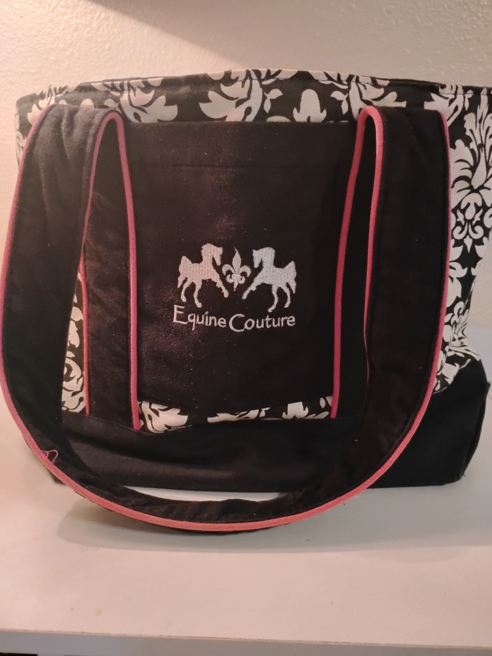 Equine Couture Damask Black/White  & Pink Tote Bag. Embroidered Logo